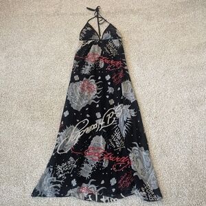 Ed Hardy Black and Gray Halter Maxi Sundress